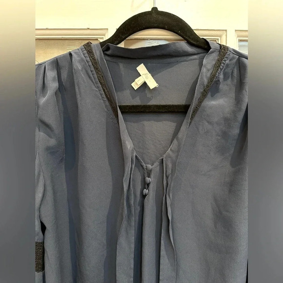 Joie Women's Navy Tunic Mini Dress 100% Silk Embroidered Crochet Lace Bow Size L - Picture 2 of 11